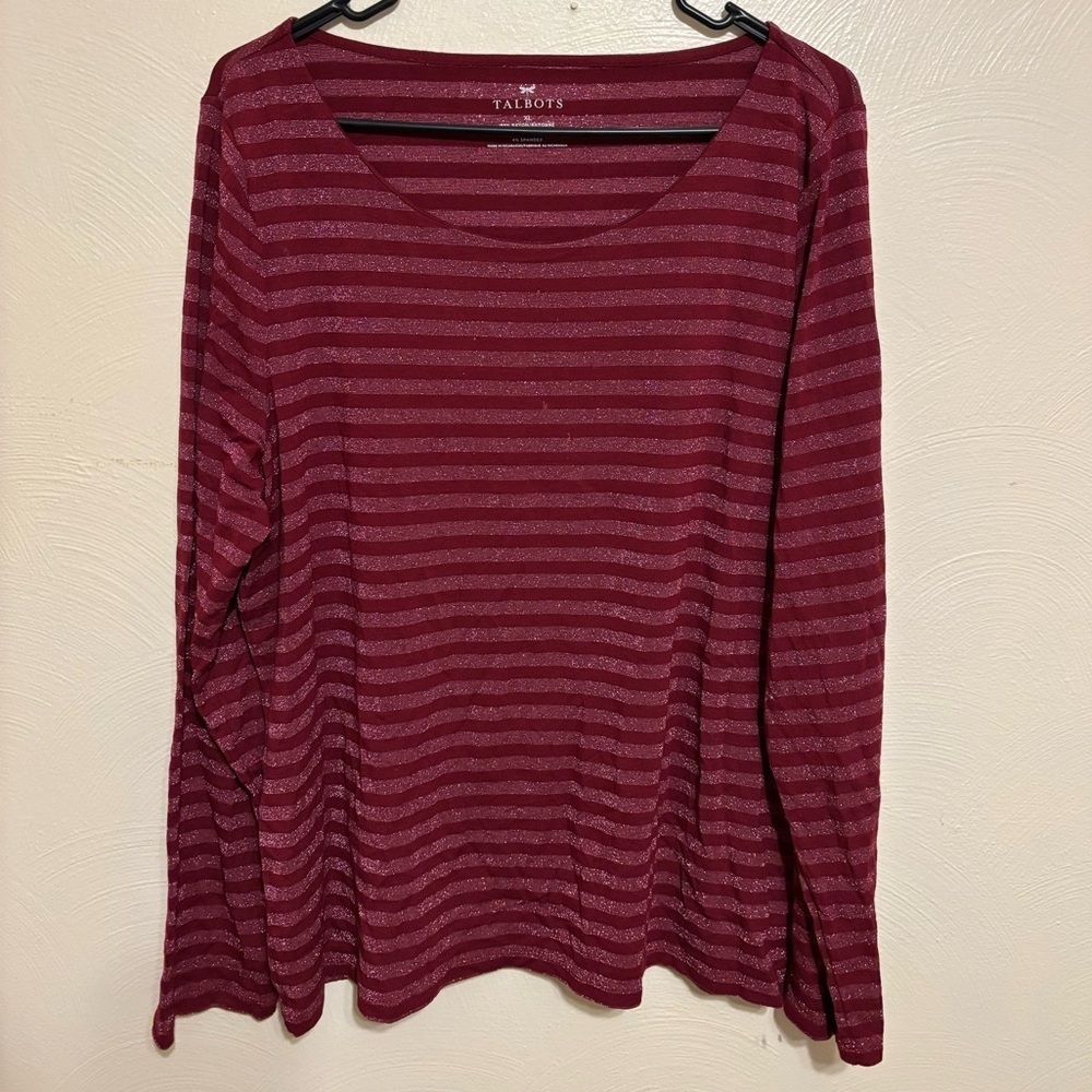 Talbots XL Burgundy Metallic Stripe Long Sleeve Scoop Neck Top